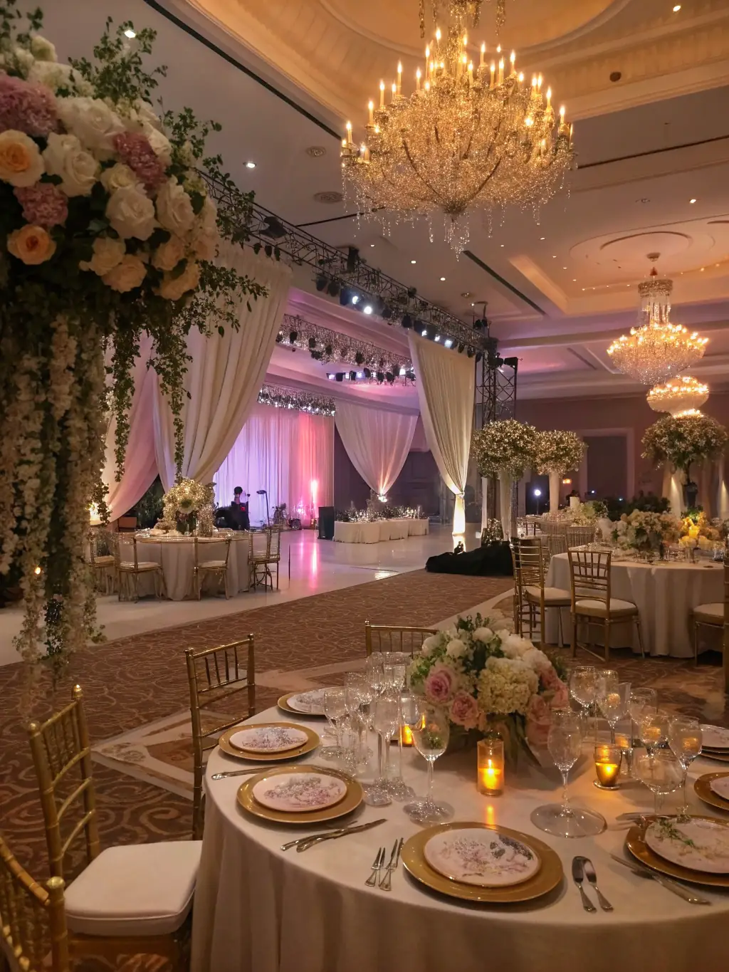 A photograph of a beautifully decorated ballroom, set for a high-end gala. Tables are adorned with crystal glasses, fine china, and floral arrangements. Soft lighting creates a warm and inviting atmosphere, emphasizing the luxury and attention to detail.