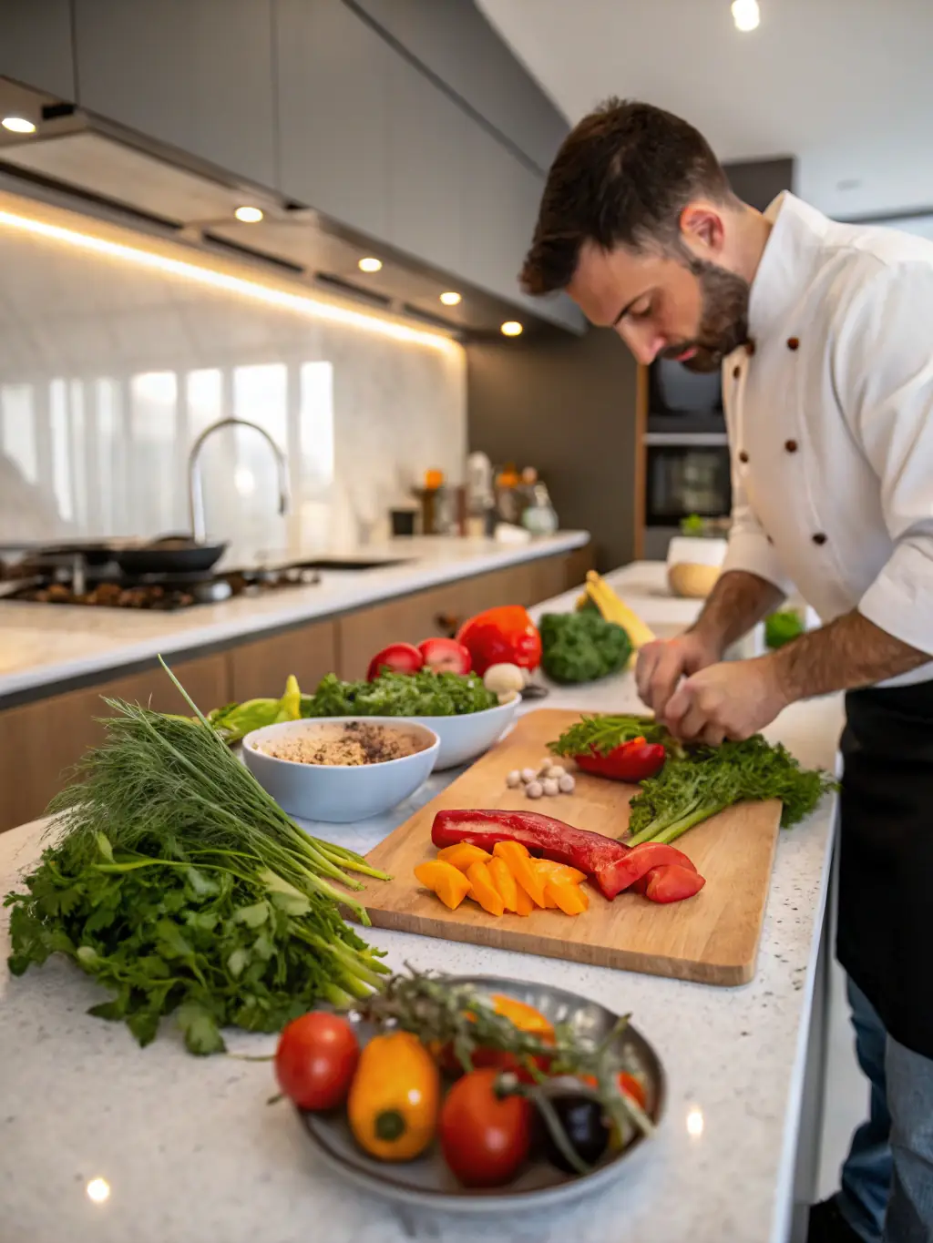 A close-up shot of a Michelin-starred chef preparing a gourmet meal in a private dining setting. The image highlights the artistry and culinary excellence that Sire Concierge provides for its clients.