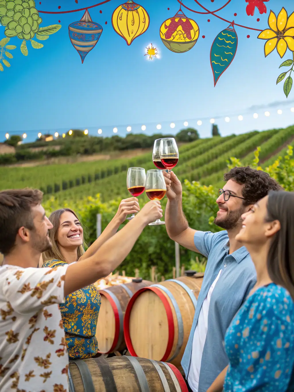 A group of people participating in a private wine tasting at a vineyard in Tuscany. The scene captures the essence of cultural immersion, with rolling hills and a rustic setting.